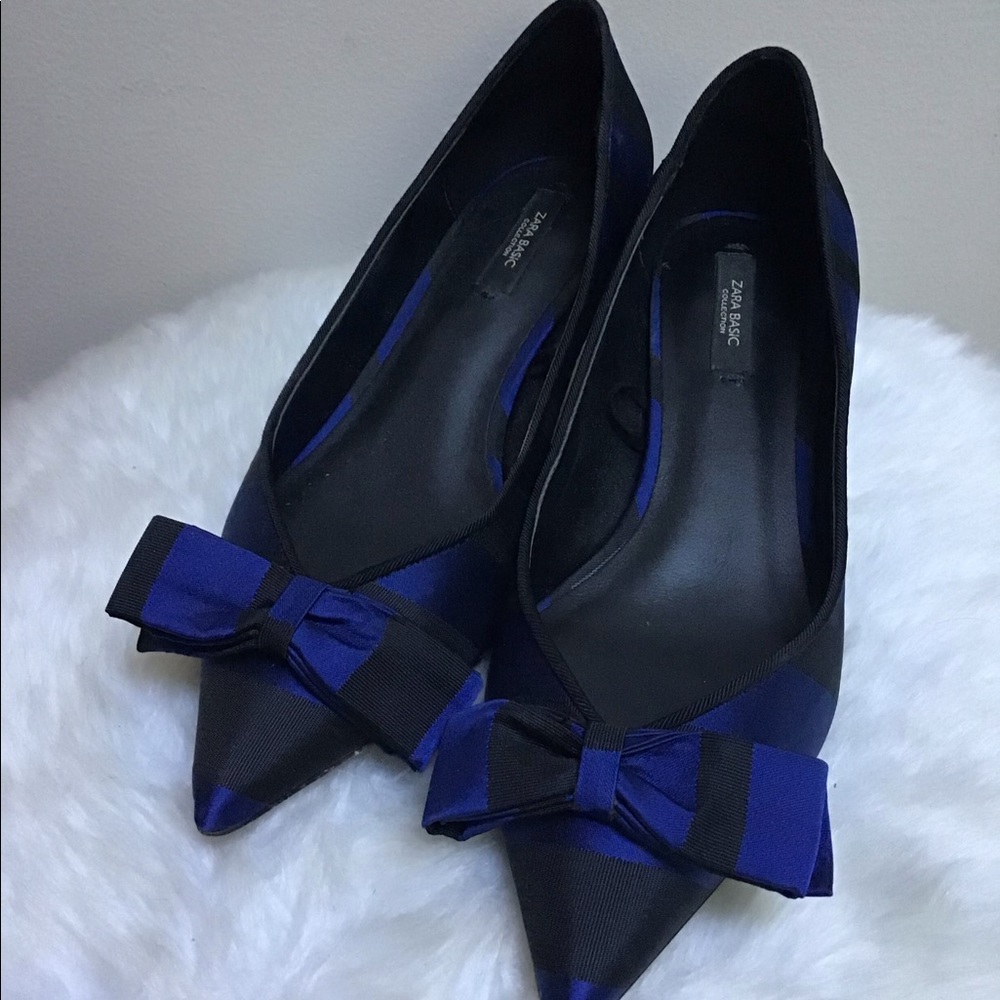 Zara blue and black striped kitten heels with bows